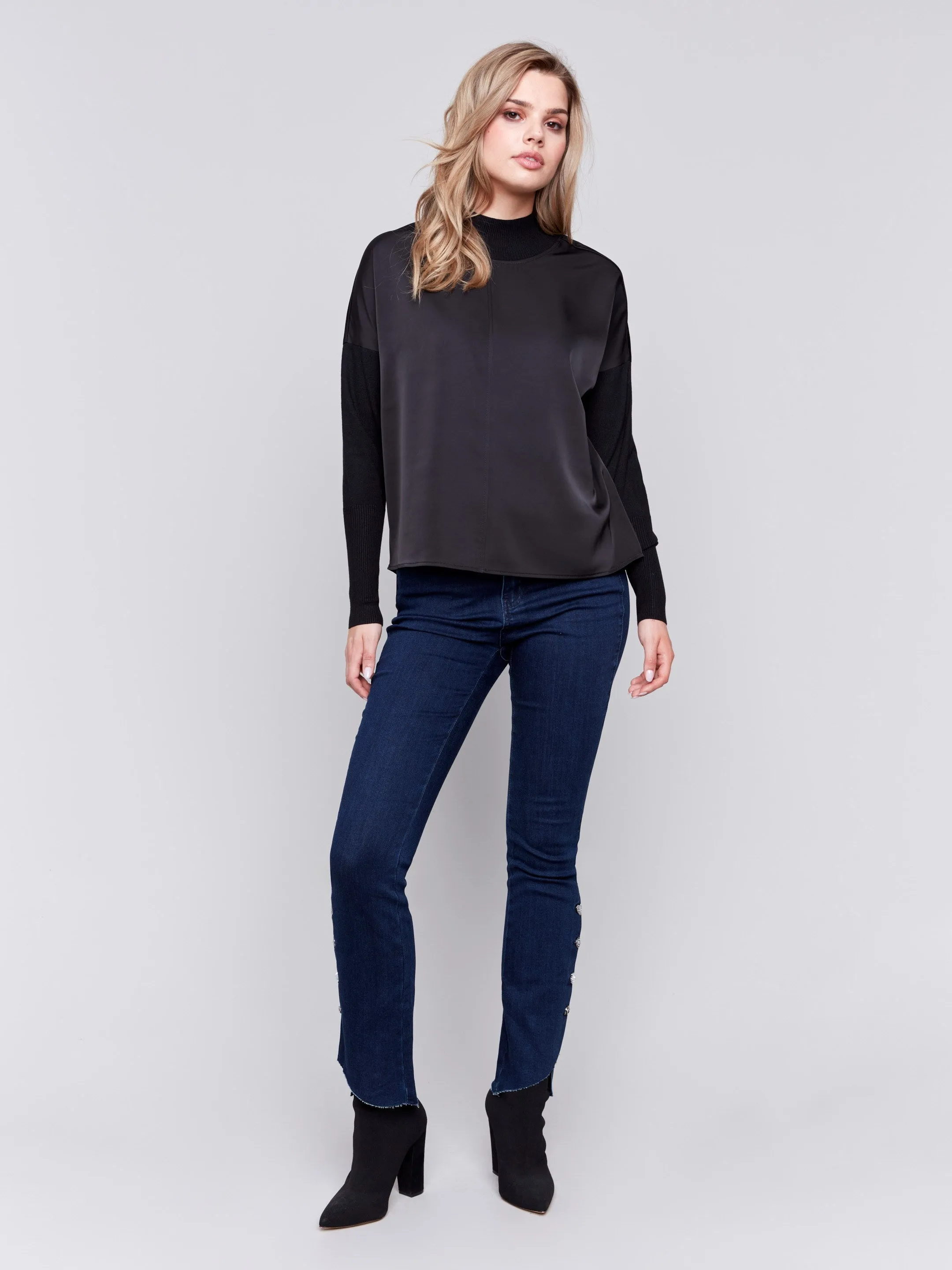 Satin Knit Top with Mock Neck - Black