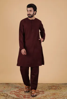 Set Of 2: Wine Cashmilon Woolen Kurta & Pajama