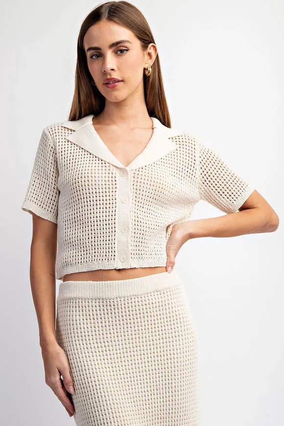 Short Sleeve Open Knit Collared Sweater Top Ivory