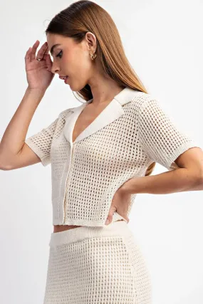 Short Sleeve Open Knit Collared Sweater Top Ivory