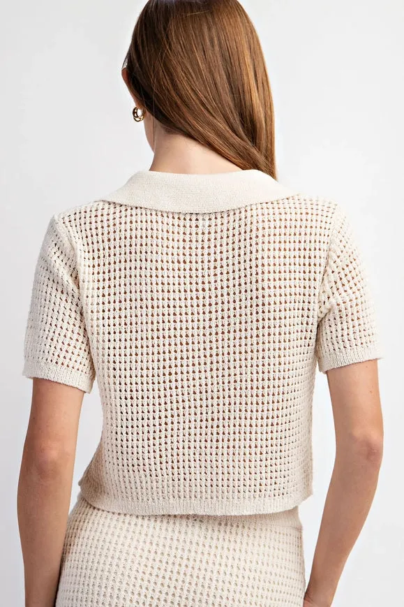 Short Sleeve Open Knit Collared Sweater Top Ivory