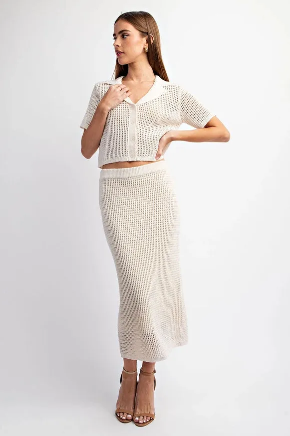 Short Sleeve Open Knit Collared Sweater Top Ivory