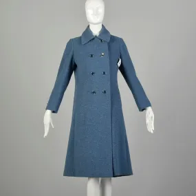 Small 1960s Coat Blue Wool Military Double Breasted Winter Vintage Outerwear