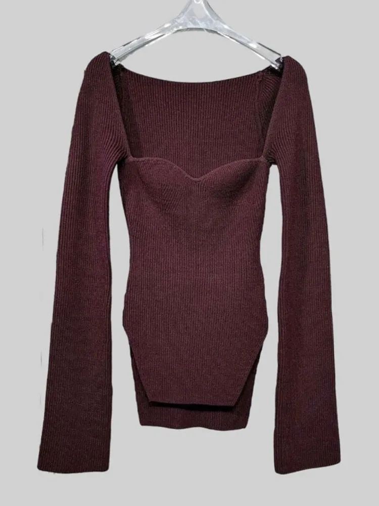 Square Collar Long Sleeve Skinny Solid Knitting Pullover