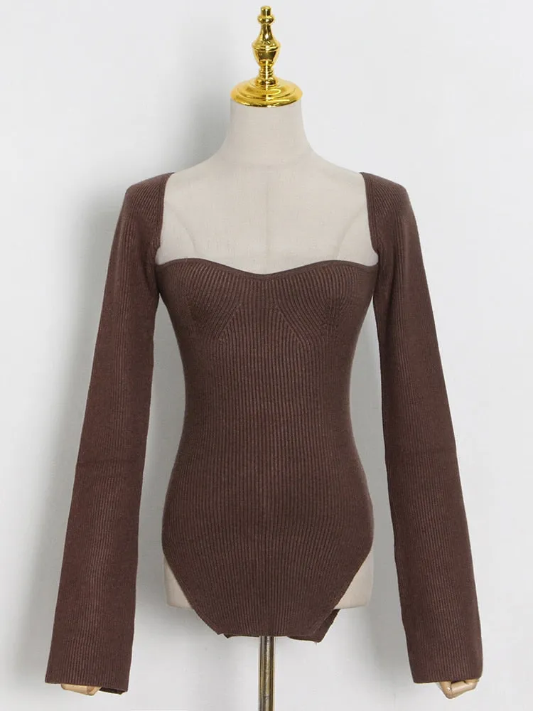 Square Collar Long Sleeve Skinny Solid Knitting Pullover