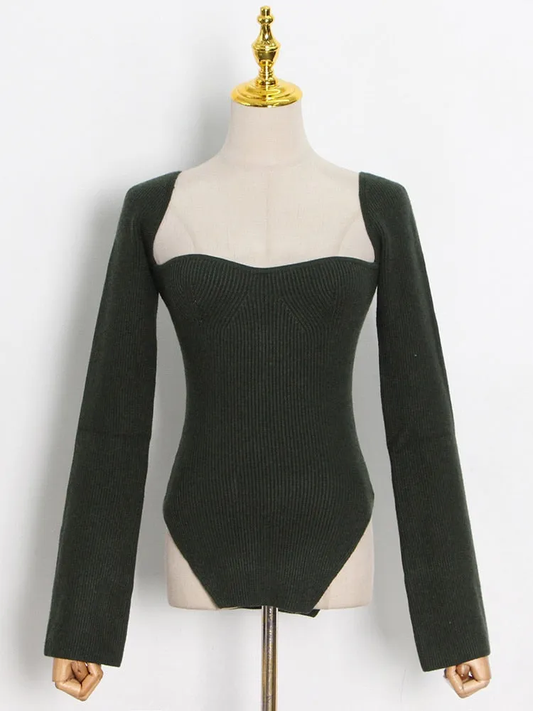 Square Collar Long Sleeve Skinny Solid Knitting Pullover