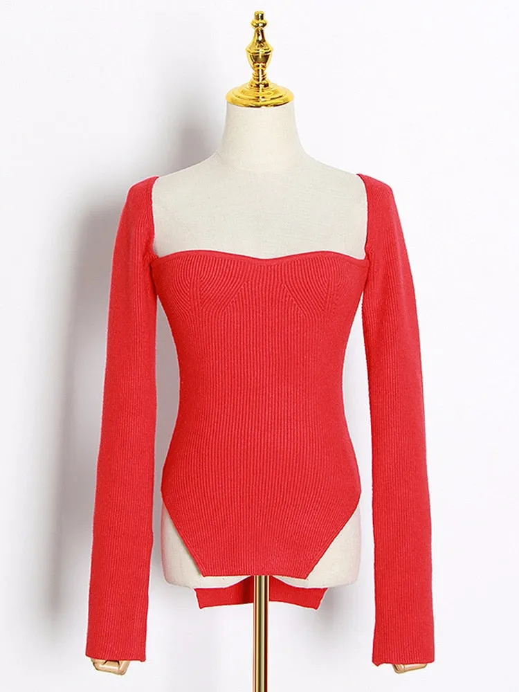 Square Collar Long Sleeve Skinny Solid Knitting Pullover