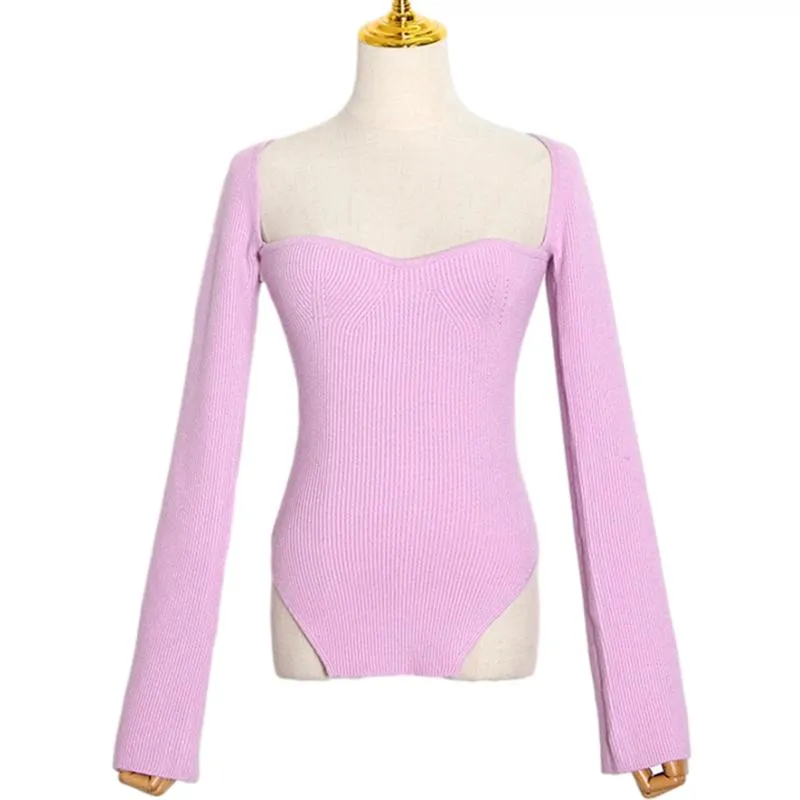 Square Collar Long Sleeve Skinny Solid Knitting Pullover