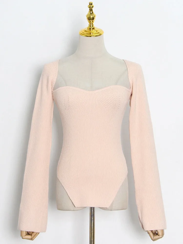 Square Collar Long Sleeve Skinny Solid Knitting Pullover