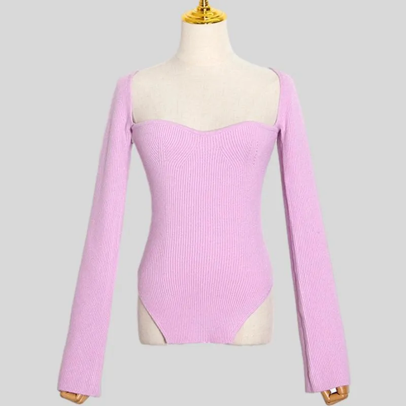 Square Collar Long Sleeve Skinny Solid Knitting Pullover