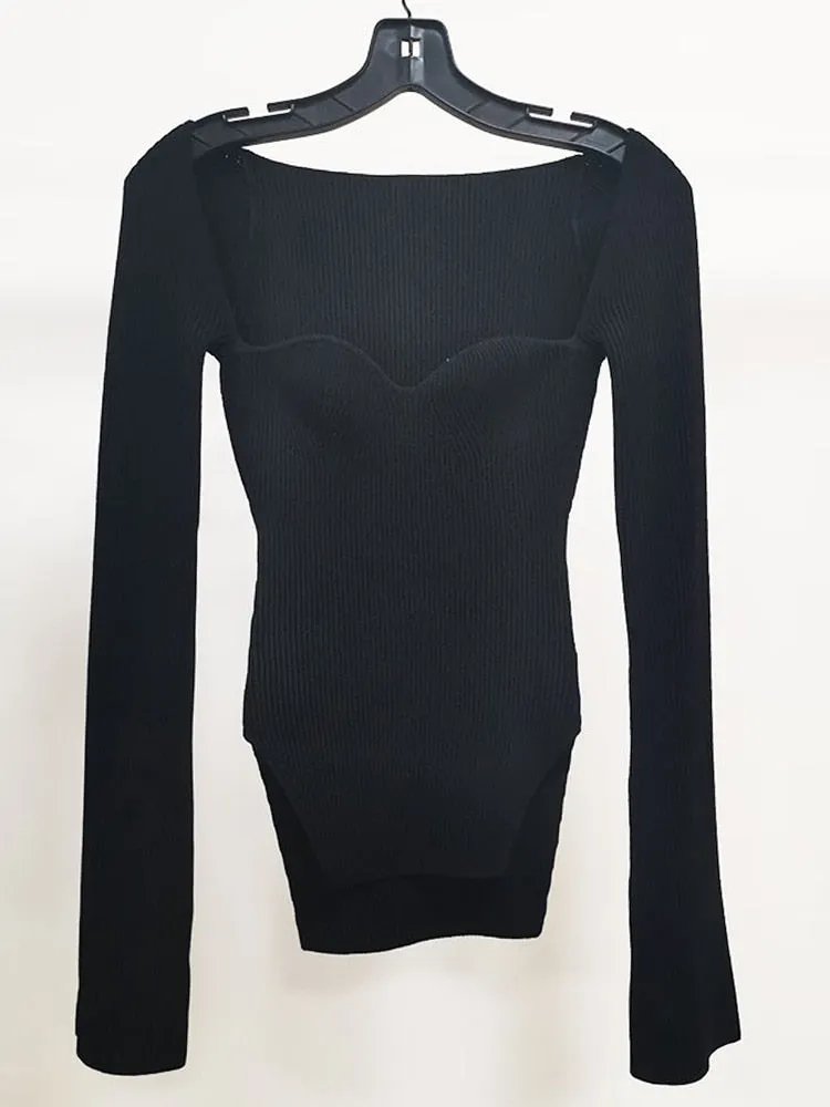 Square Collar Long Sleeve Skinny Solid Knitting Pullover