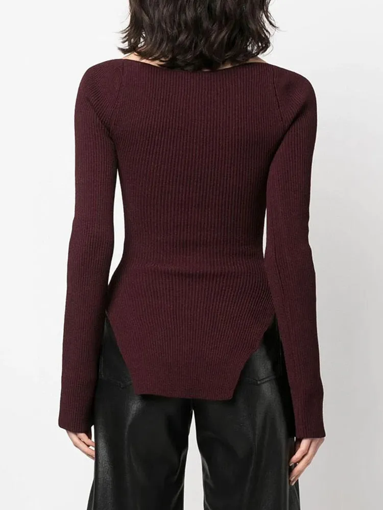 Square Collar Long Sleeve Skinny Solid Knitting Pullover