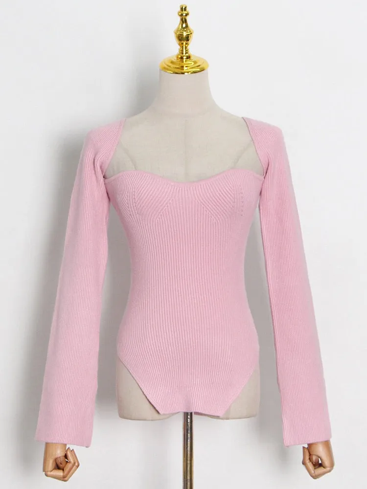 Square Collar Long Sleeve Skinny Solid Knitting Pullover