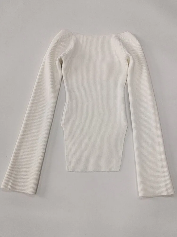 Square Collar Long Sleeve Skinny Solid Knitting Pullover