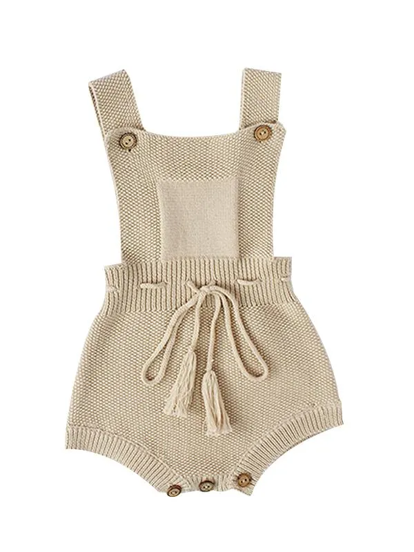 Strapped Knitted Cotton Romper Sleeveless Fringed Belt Onesie