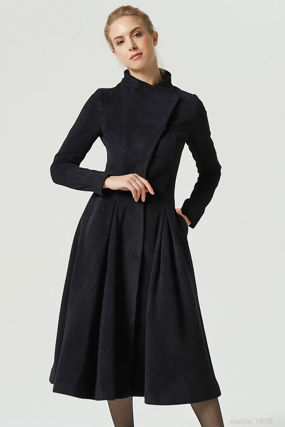 stylish long black wool coat for women 1978#