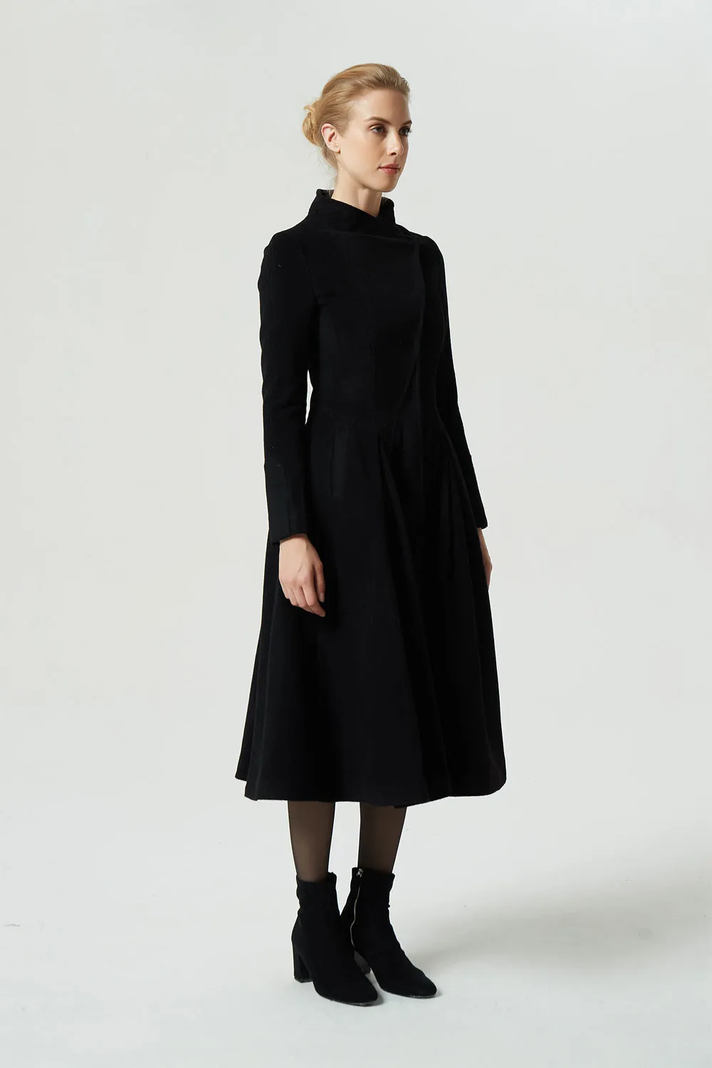 stylish long black wool coat for women 1978#