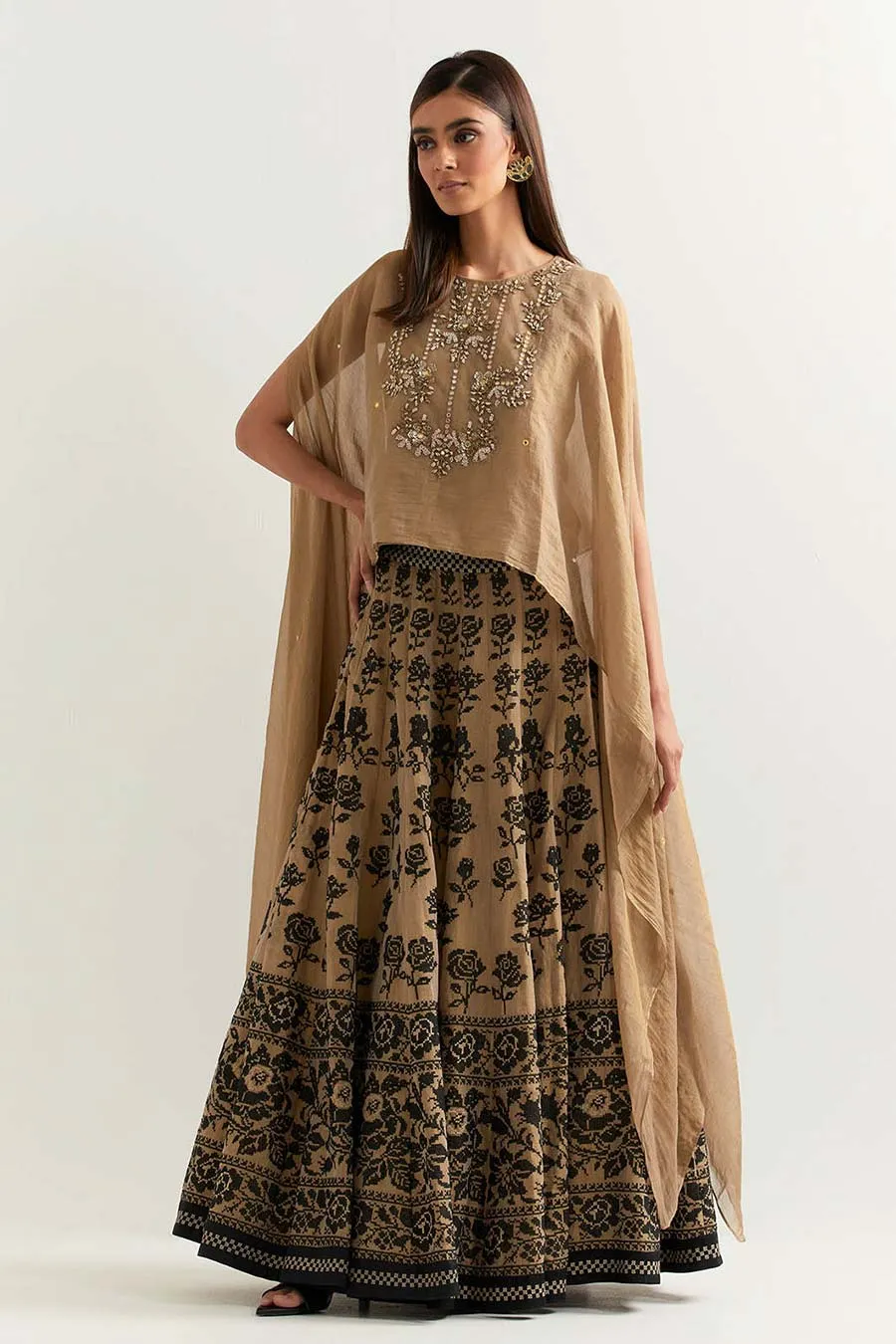 Taupe Tissue Chanderi Embroidered Cape & Skirt Set