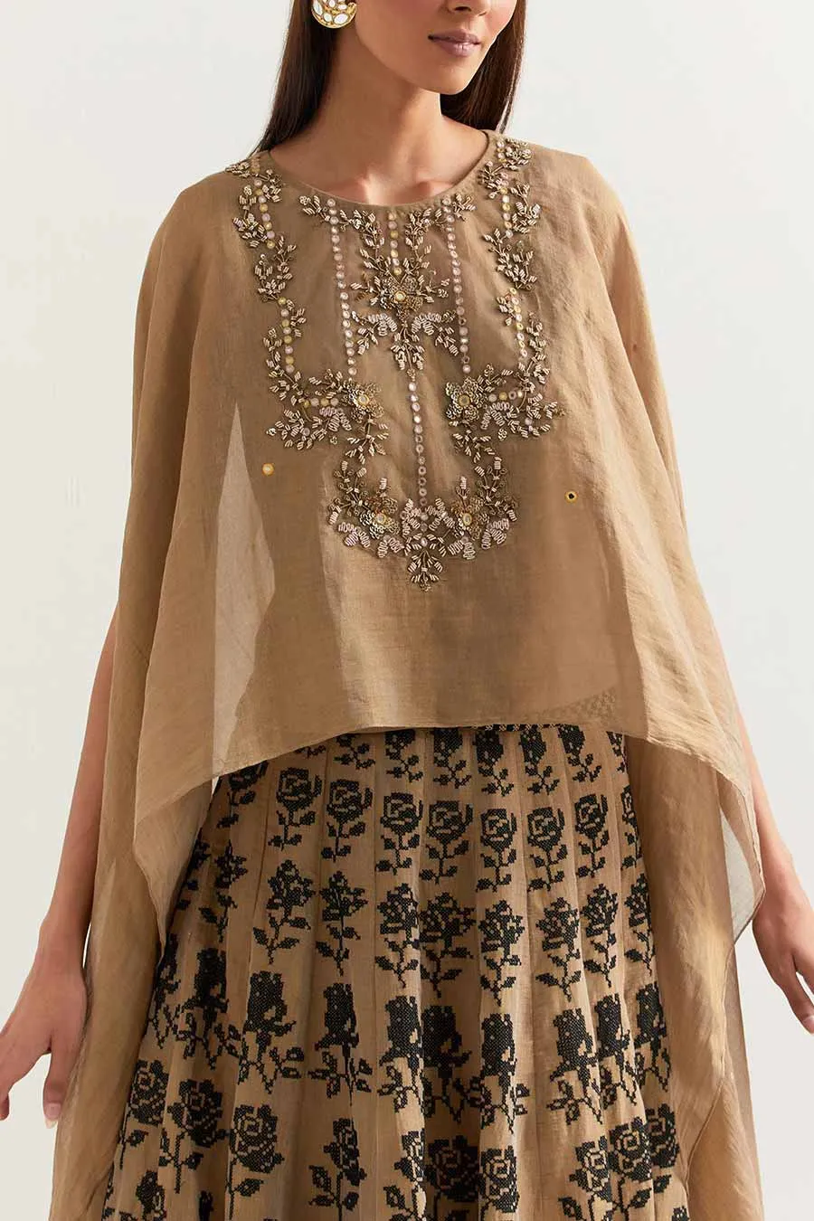 Taupe Tissue Chanderi Embroidered Cape & Skirt Set