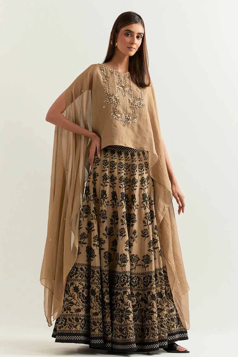 Taupe Tissue Chanderi Embroidered Cape & Skirt Set