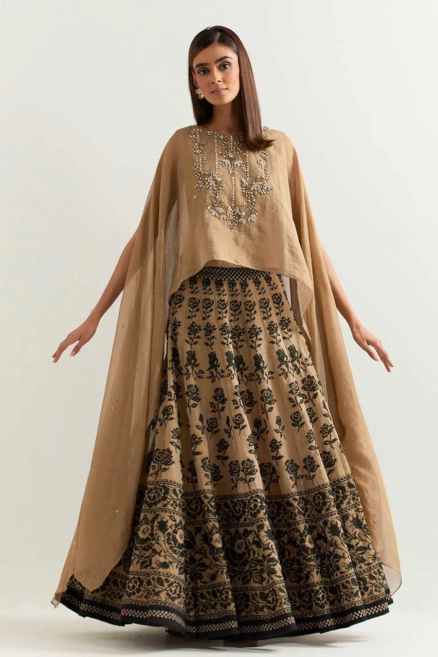 Taupe Tissue Chanderi Embroidered Cape & Skirt Set