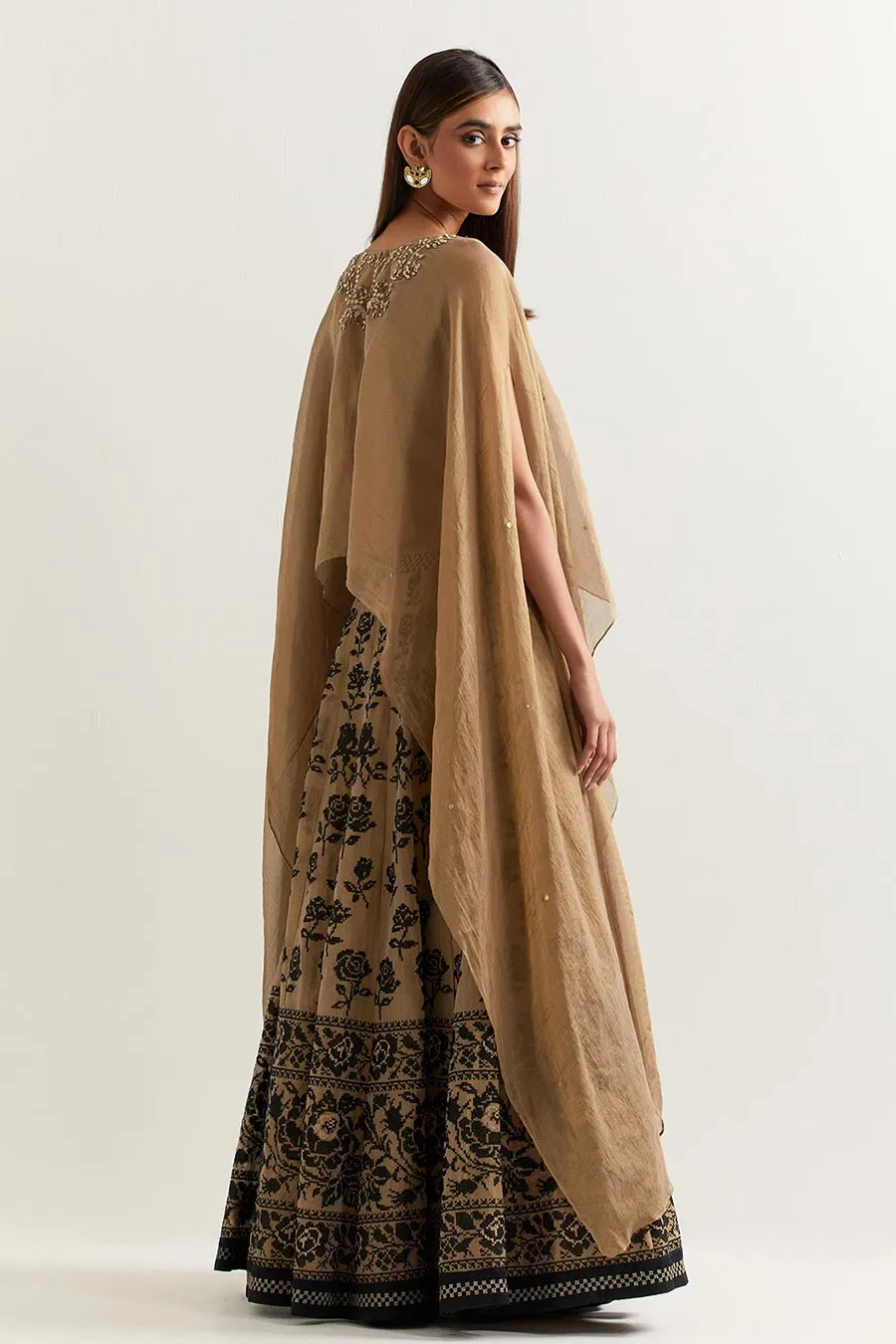 Taupe Tissue Chanderi Embroidered Cape & Skirt Set