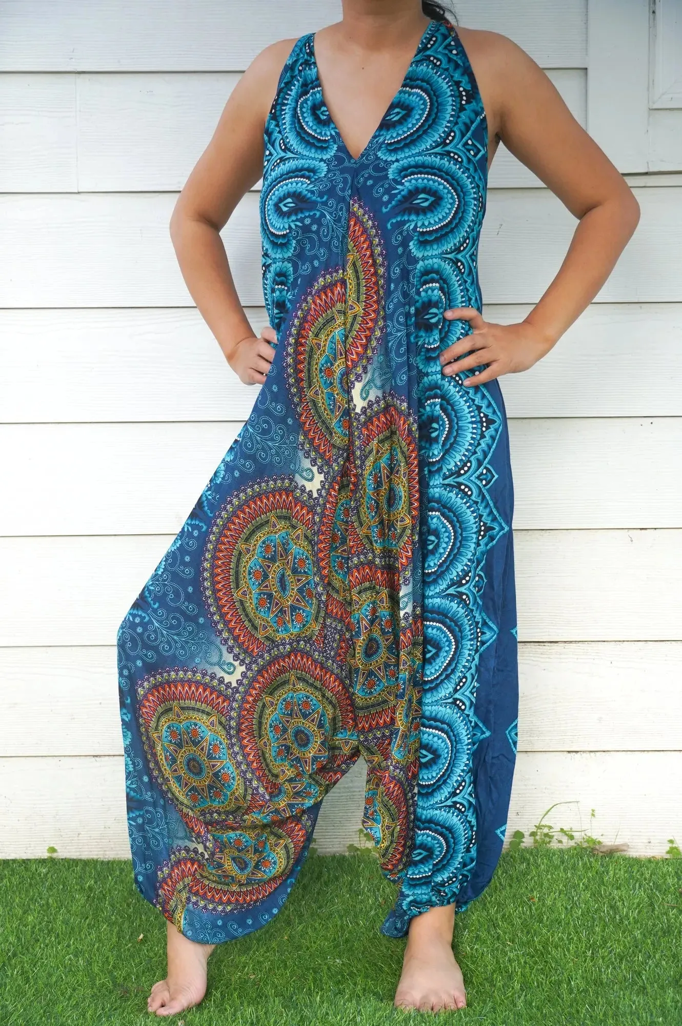 Teal Bohemian Mandala Wide-Leg Summer Jumpsuit