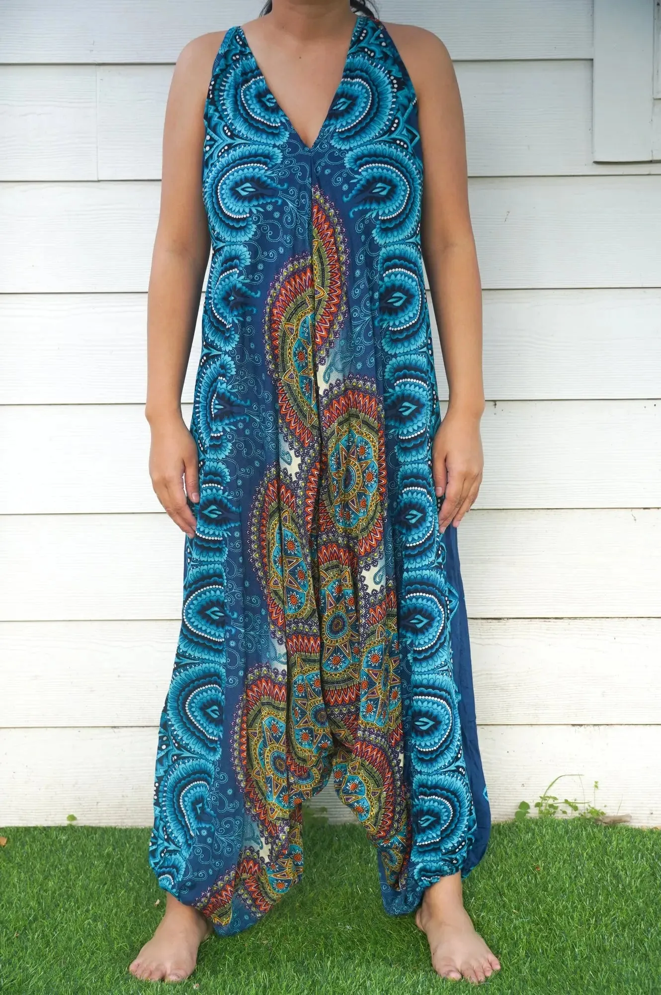 Teal Bohemian Mandala Wide-Leg Summer Jumpsuit