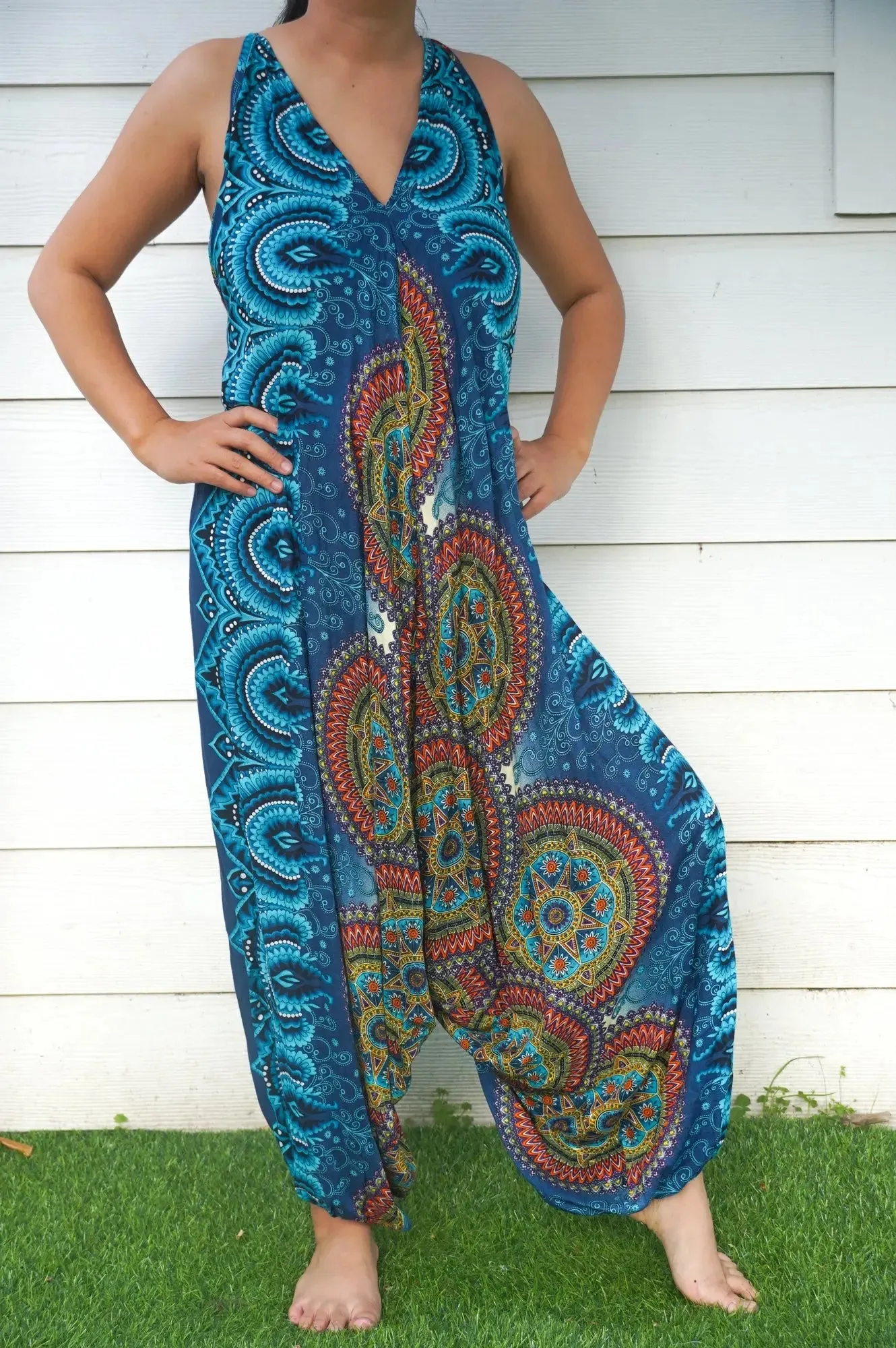 Teal Bohemian Mandala Wide-Leg Summer Jumpsuit