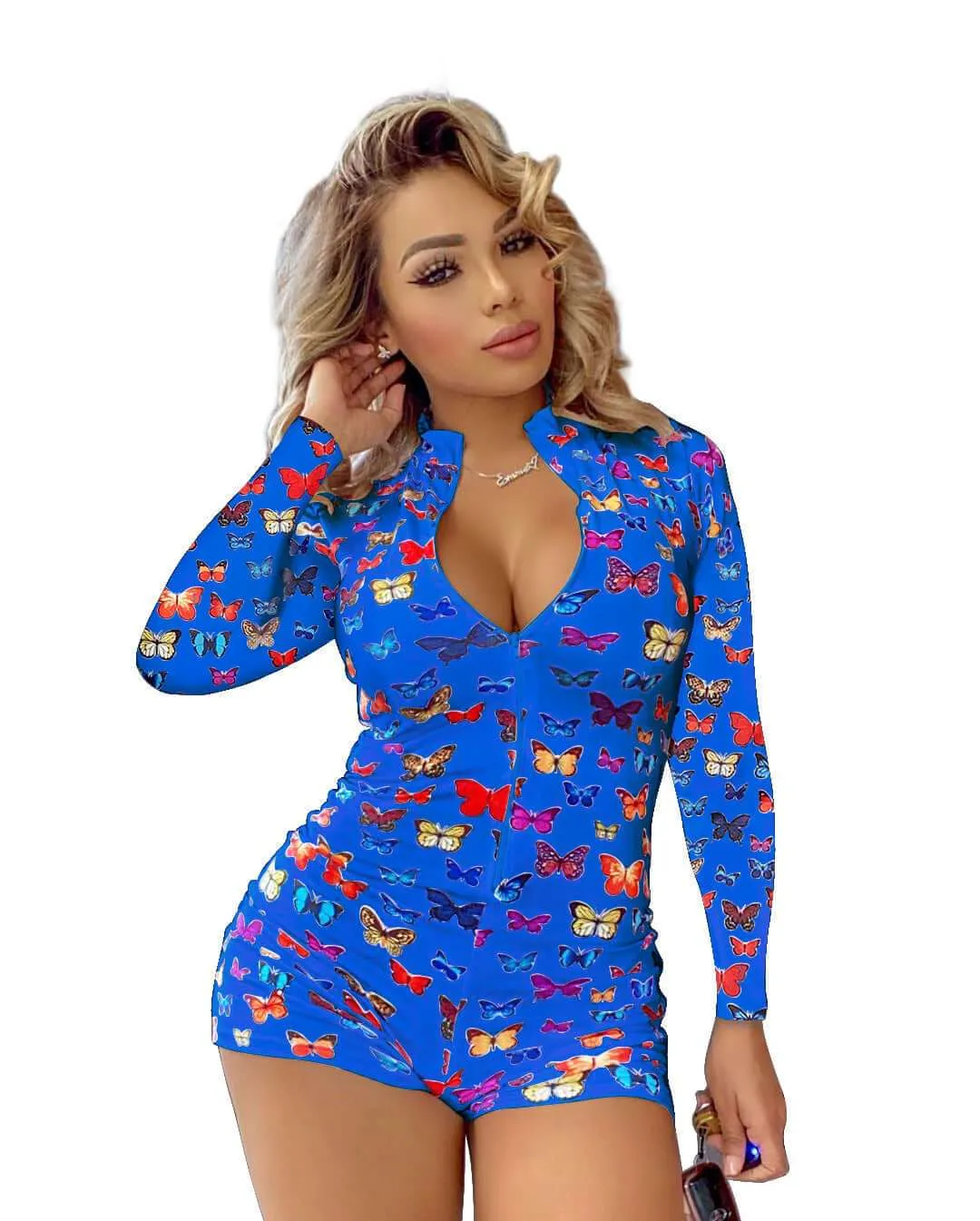 V-neck Printed Sheath Skirt Long Sleeve Jumpsuit