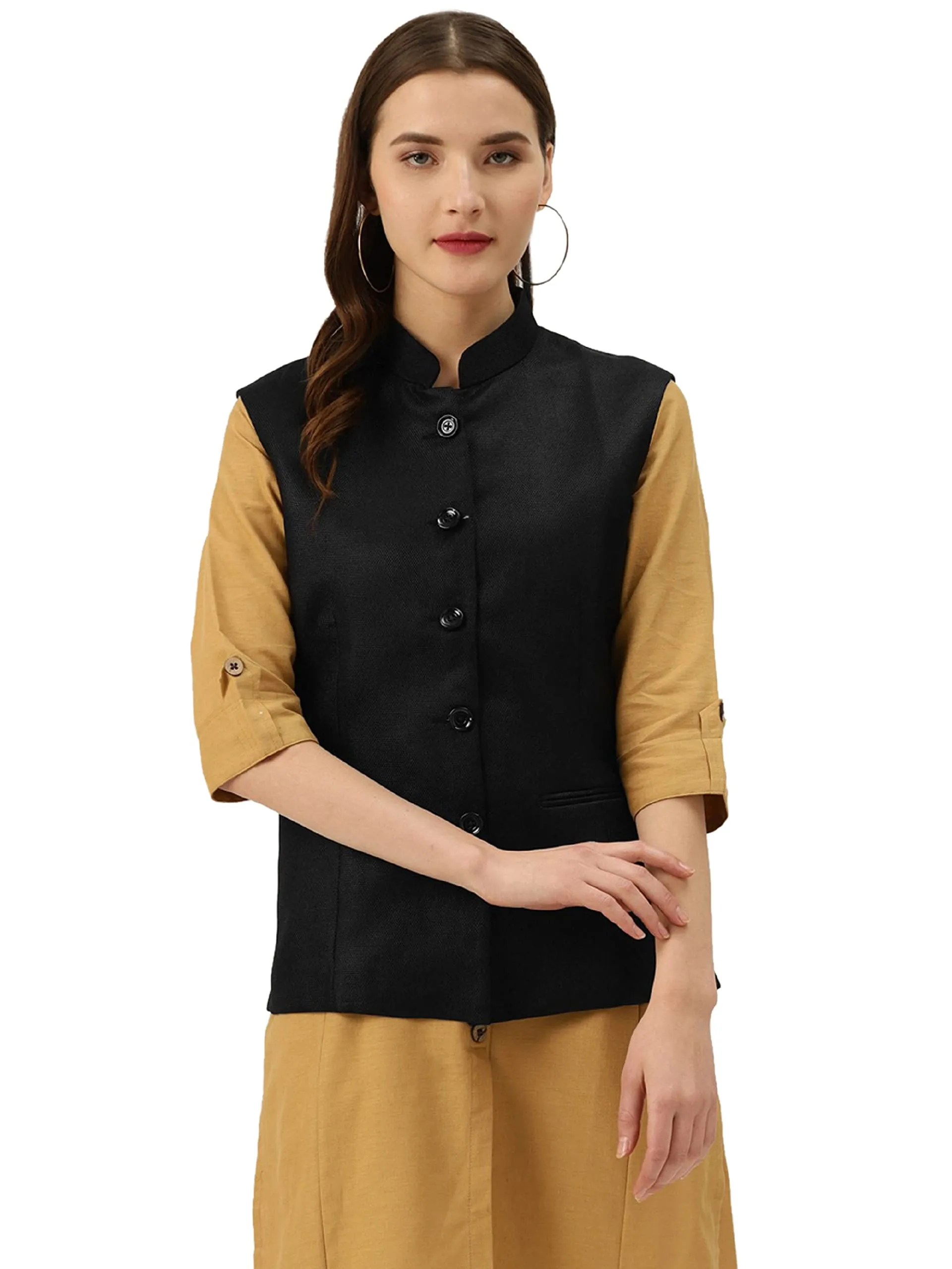 Vastraa Fusion Women's Solid Nehru Jacket (TS1400-42_Black_40)