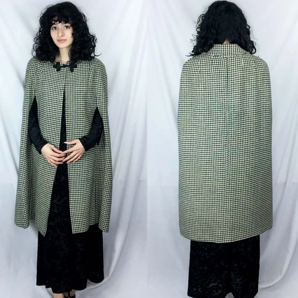 Vintage 50s 60s | Wool Houndstooth Black and White Cape Coat | Free Size