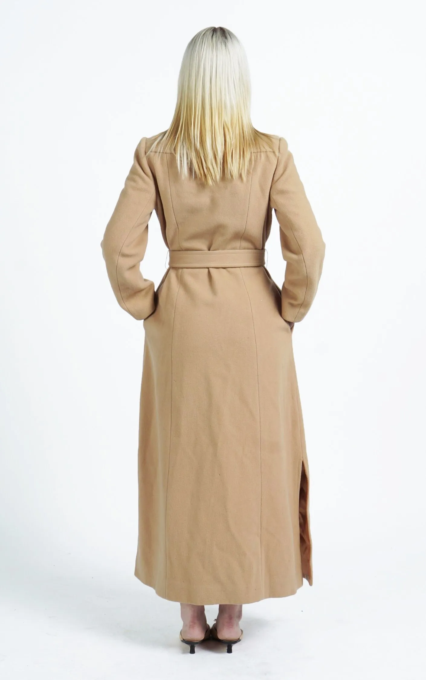 VINTAGE 80s Camel Wool Belted Classic Tailored Long Coat