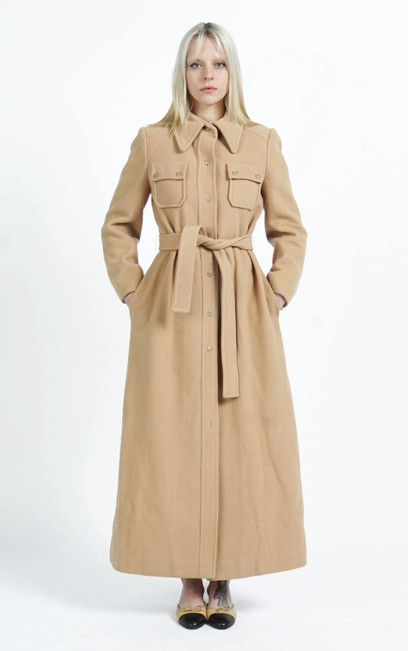 VINTAGE 80s Camel Wool Belted Classic Tailored Long Coat