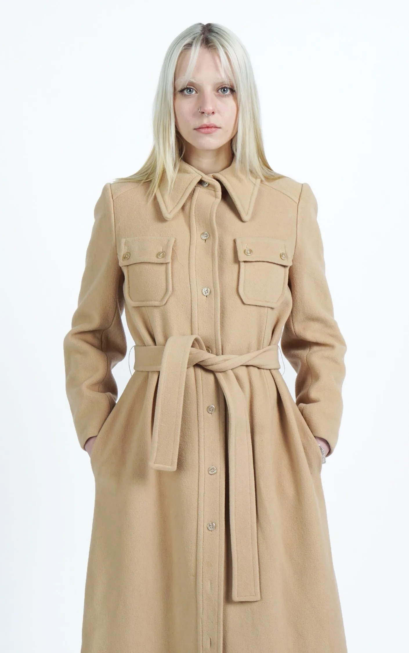 VINTAGE 80s Camel Wool Belted Classic Tailored Long Coat