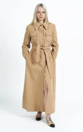 VINTAGE 80s Camel Wool Belted Classic Tailored Long Coat