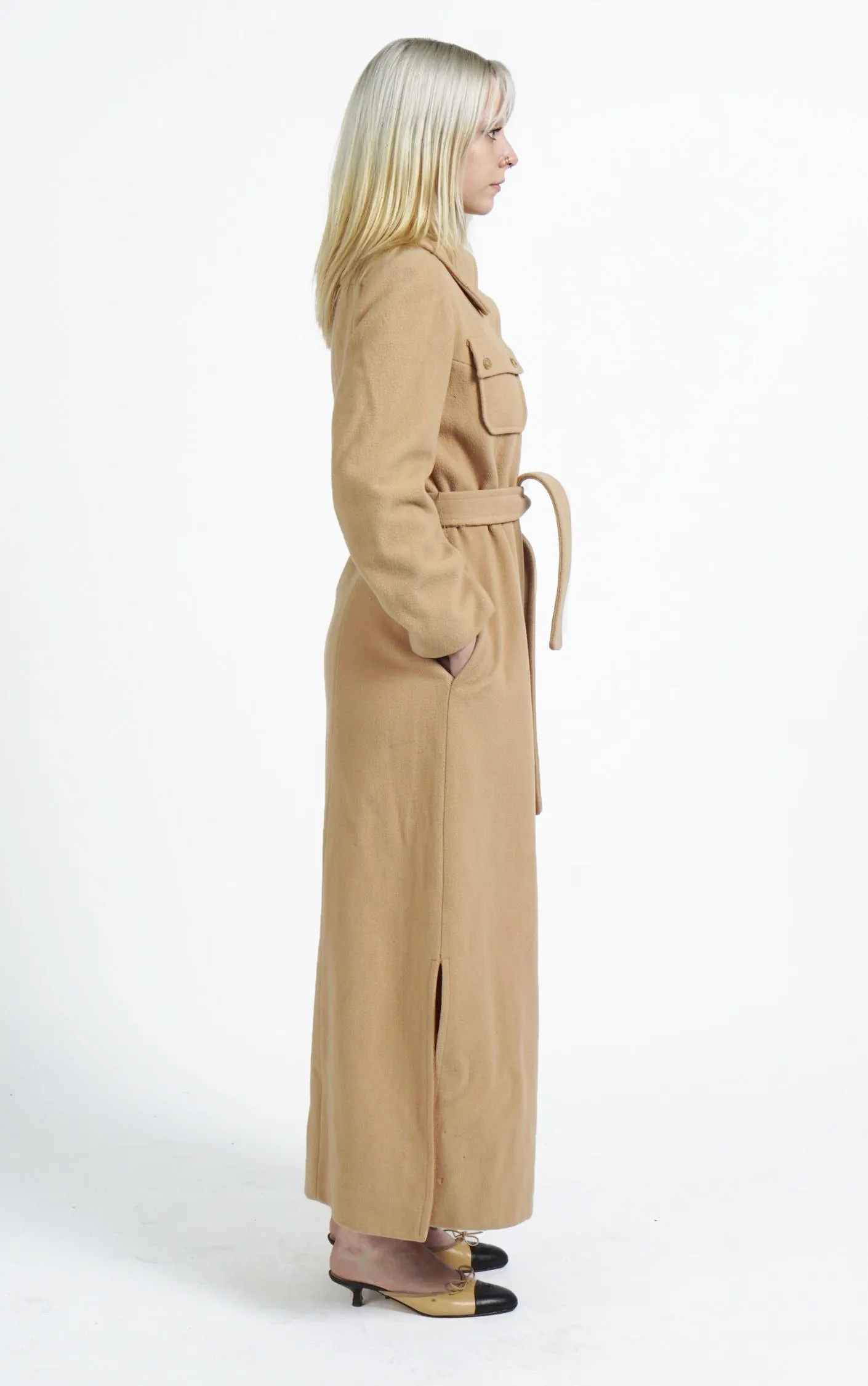 VINTAGE 80s Camel Wool Belted Classic Tailored Long Coat