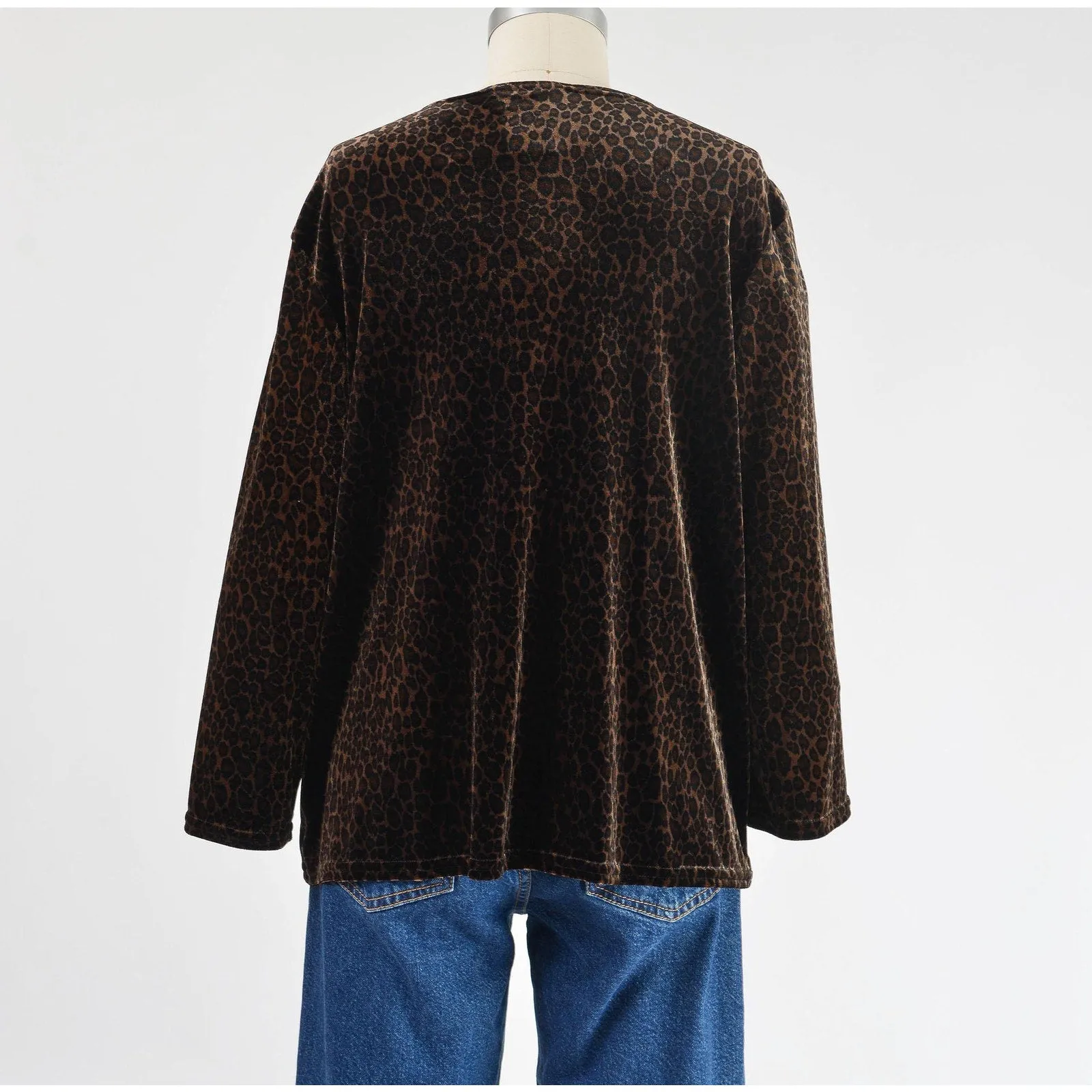 Vintage 90s Leopard Velvet Top Stretchy Layered Cardigan Look Animal Print size L