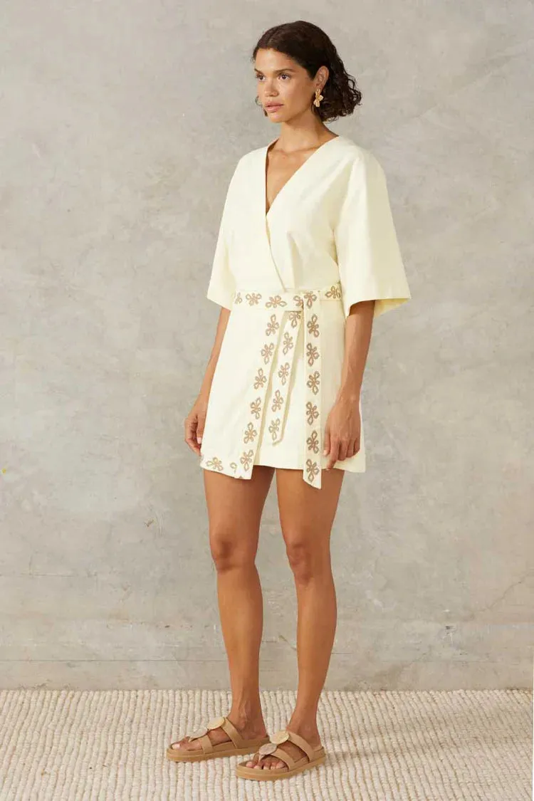 VOYAGE EMBROIDERED MINI DRESS- LEMON