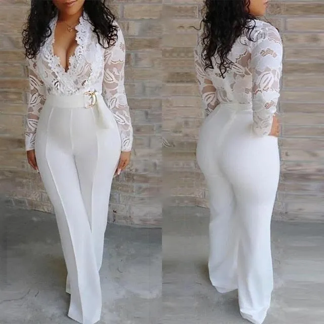 White Jumpsuit Women Lace Stitching Long Sleeve V-neck Plus Size Wide Leg Long Pants Office Lady  Jumpsuits for Women Lugentolo