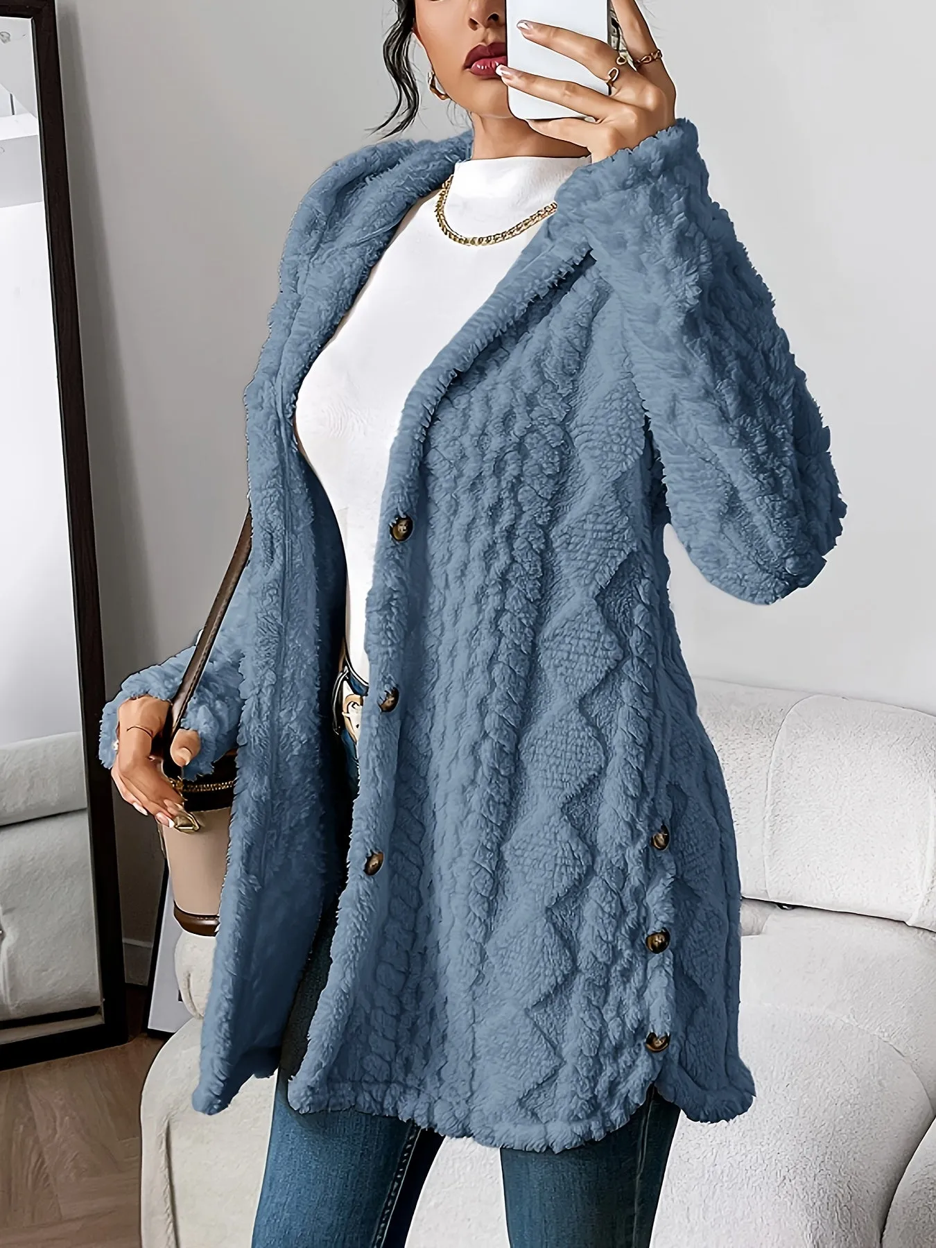 Women's button Front Hoodie Teddy Coat, Casual Long Sleeve Textured Fluffy Coat For Fall & Winter