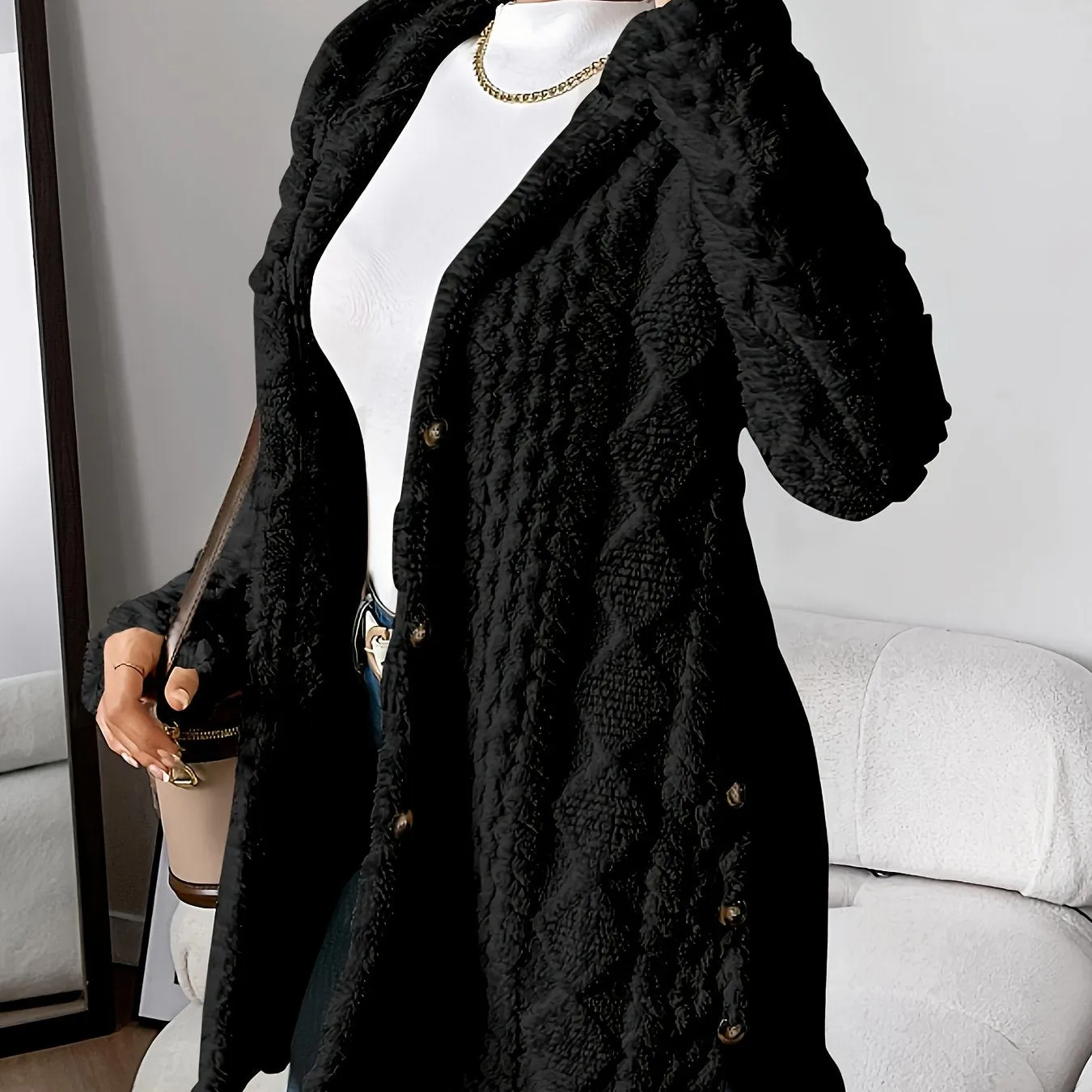 Women's button Front Hoodie Teddy Coat, Casual Long Sleeve Textured Fluffy Coat For Fall & Winter