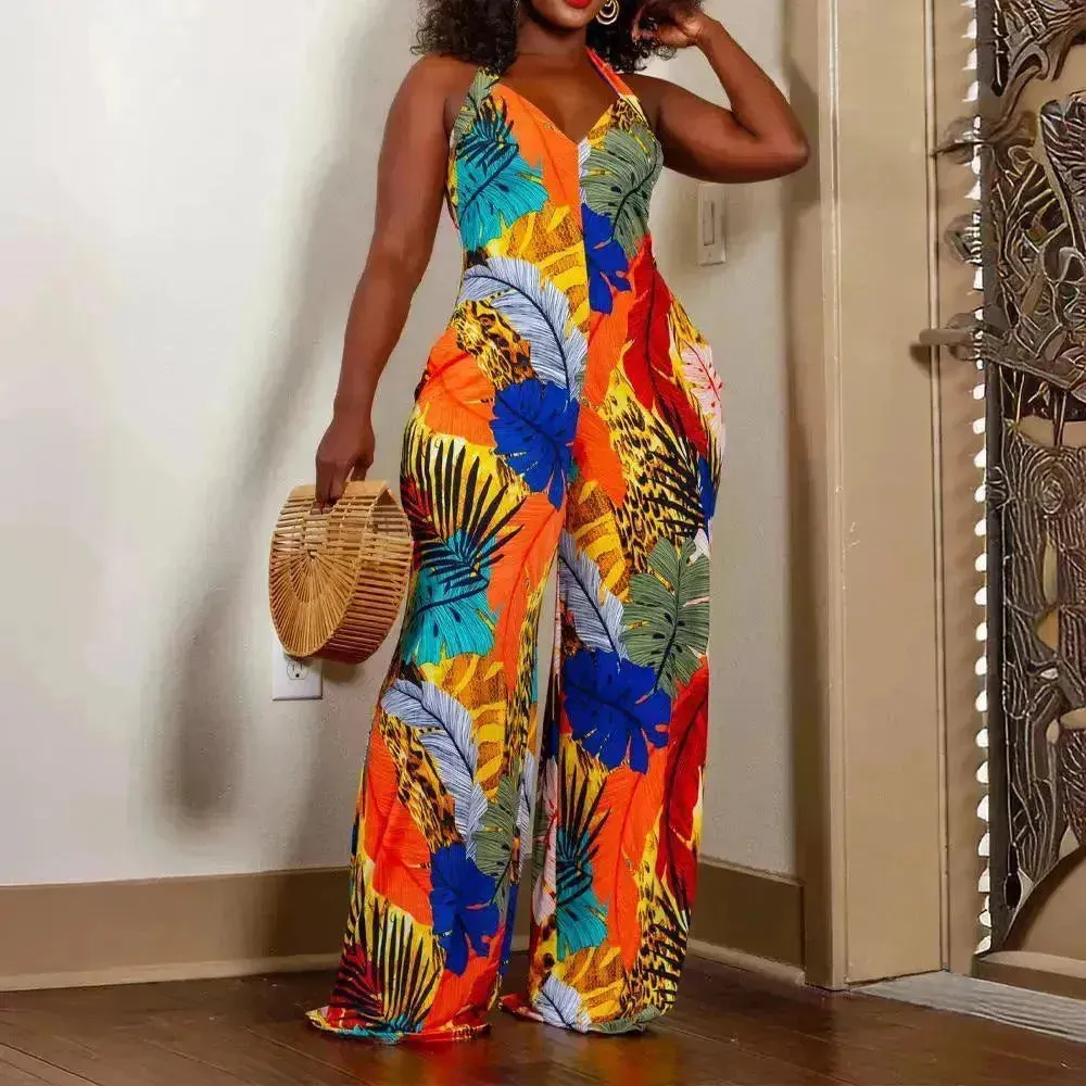 Women's Leaf Printed V-neck Jumpsuit