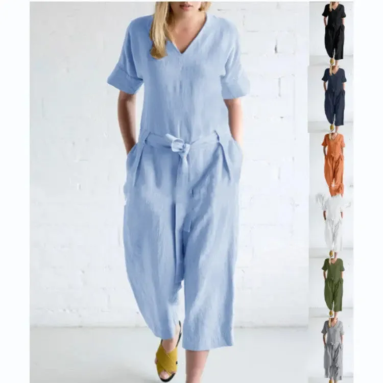 Women's Solid Color Pure Cotton And Linen Loose Strap Pocket Jumpsuit