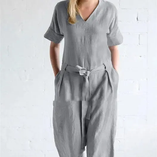 Women's Solid Color Pure Cotton And Linen Loose Strap Pocket Jumpsuit