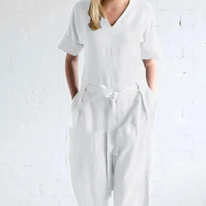 Women's Solid Color Pure Cotton And Linen Loose Strap Pocket Jumpsuit