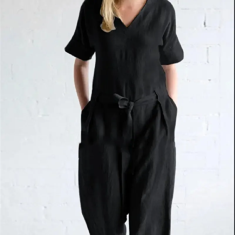 Women's Solid Color Pure Cotton And Linen Loose Strap Pocket Jumpsuit