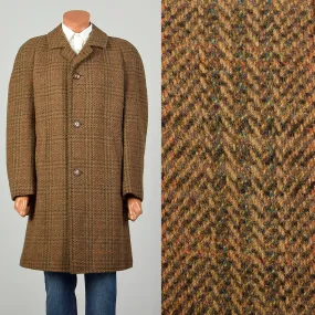 XL 1970s Jacket Brown Plaid Herringbone Wool Tweed Winter Car Coat