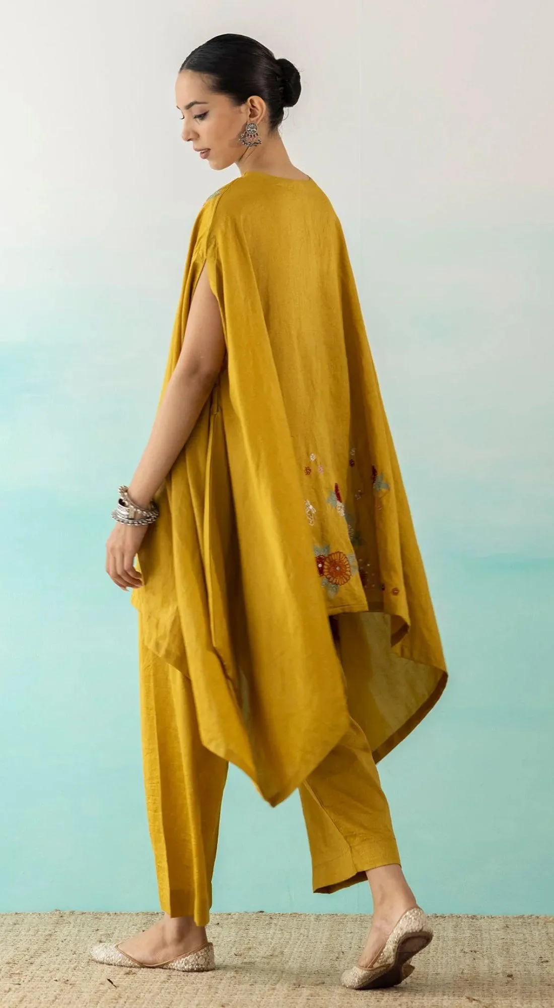 Yellow Embroidered Asymmetric Kurta And Pants