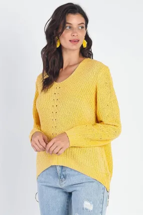 Yellow Knit Zip-Down Long Sleeve Knit Light Sweater Top